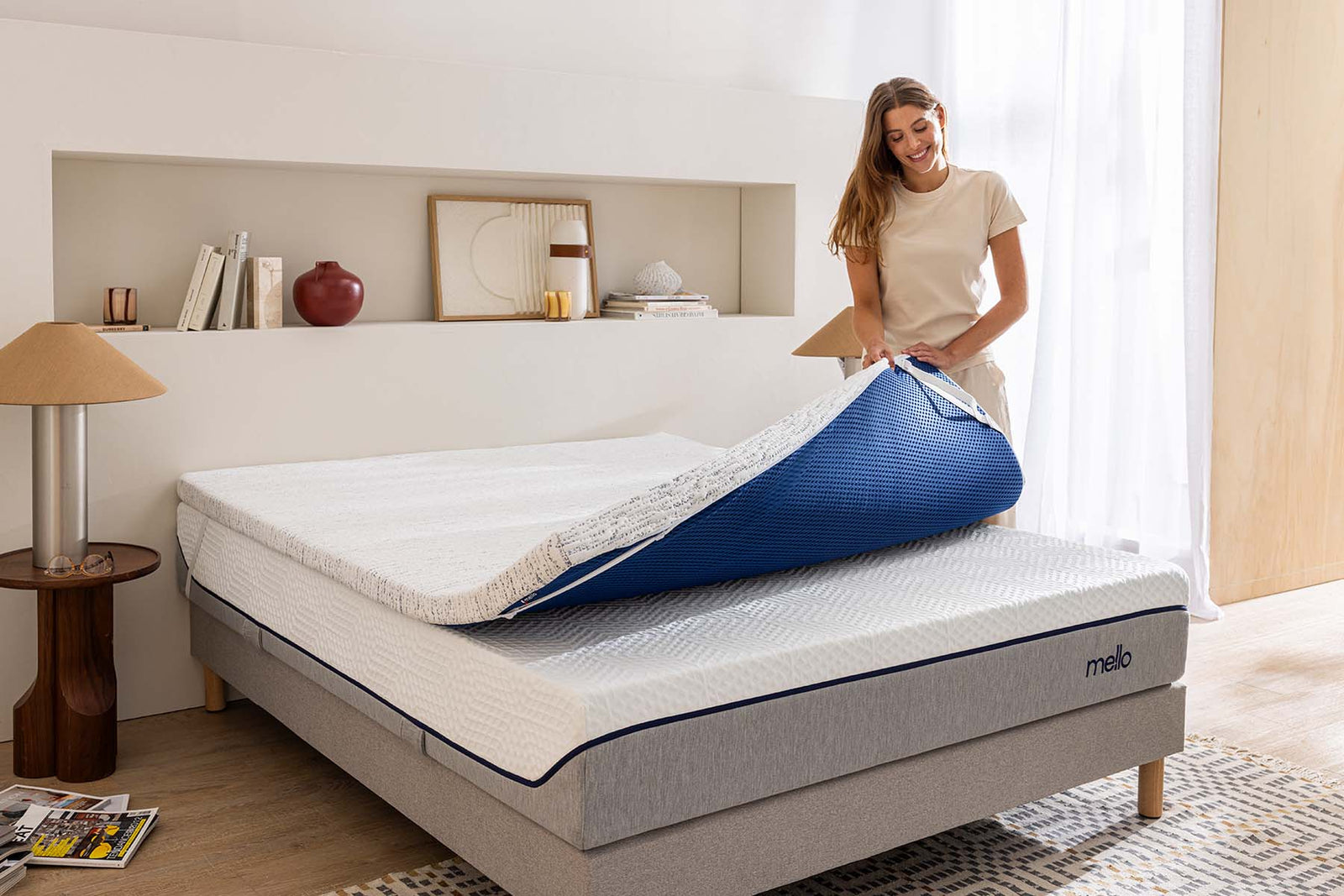 Surmatelas Bambou Beige Lit Double - Viscose De Bambou - 137x190cm - Confort Nuage - Lavable Machine