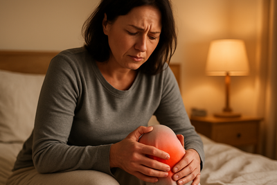 homme ou femme réaliste qui se tient l'articulation du genou sur son lit 